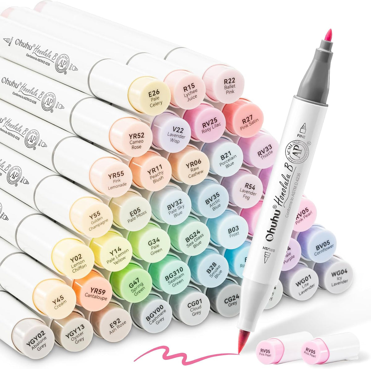 Ohuhu Pastel Markers 48 Brush & Fine with Case & Blender | Pastel Shades Perfect for Aesthetic Art Bullet Journals & Calligraphy Easy Blending No Smudging - Honolulu B MegaBDM