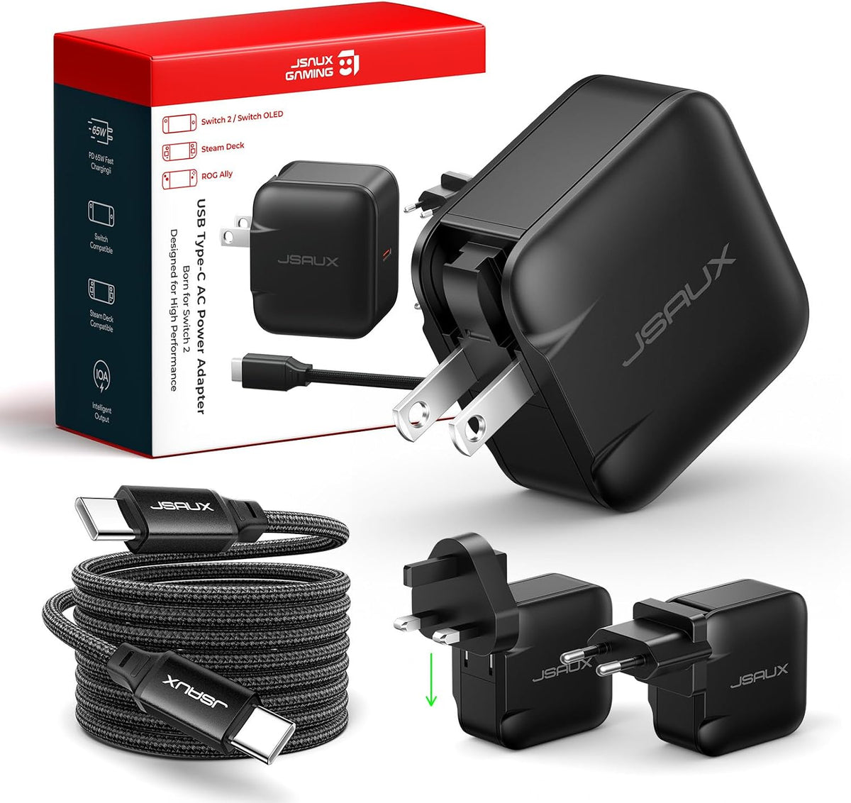 JSAUX 65W USB C Charger for Nintendo Switch 2, Powers in TV Mode, with EU/UK Plugs & 6.6FT Cable, GaN PD Fast Charging for Steam Deck, ROG Ally, Galaxy, Pixel, iPhone 15/16, Tablet & Laptop – Black MegaBDM