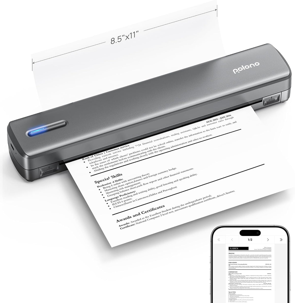 POLONO D810 Thermal Printer A4 Wireless for Travel, Mobile Printer A4 Support for 8.5 x 11 Inch US Letter, Portable Printer Compatible with iOS, Android, Laptop for Office, Car, Deep Grey MegaBDM
