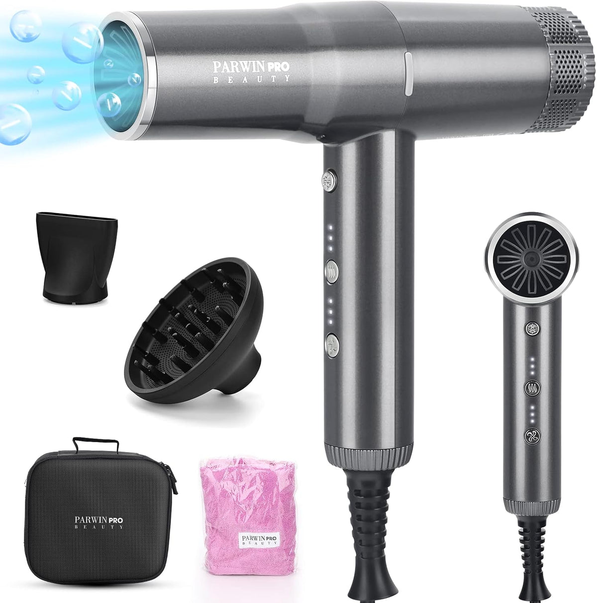 Hair Dryer, Professional Salon Fast Drying Ionic Diffuser Hairdryer for Women and Men, PARWIN PRO BEAUTY Blow Dryer with Powerful 110.000 RPM Low Noise Brushless Motor for Home, Travel and Gift(Gray) MegaBDM