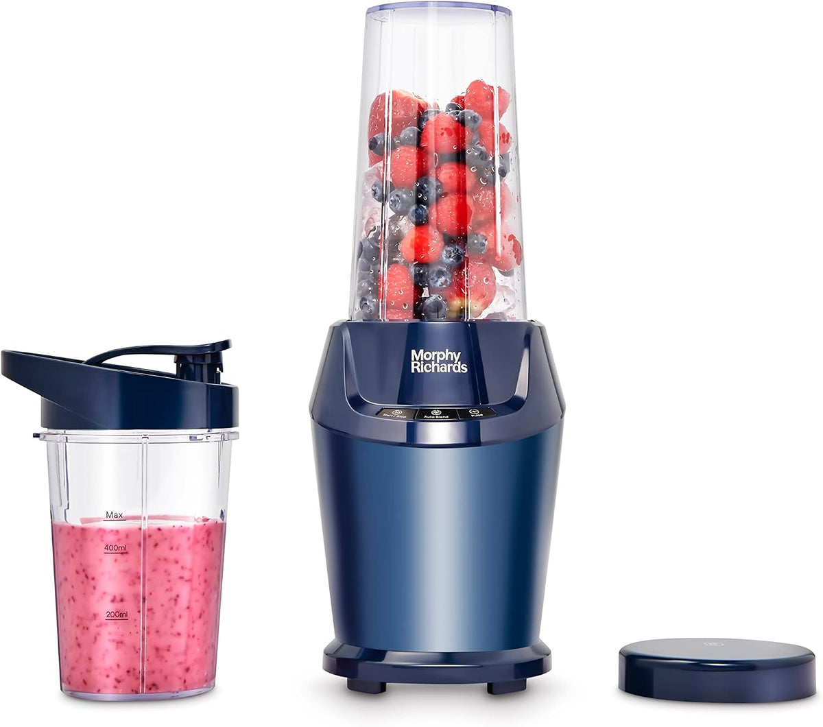 Morphy Richards Compact Personal Blender, 2 x Cups with Lids, Smoothie Maker, 3 Pre-settings, Dishwasher Safe, 1000w, Midnight Blue, 403060 MegaBDM