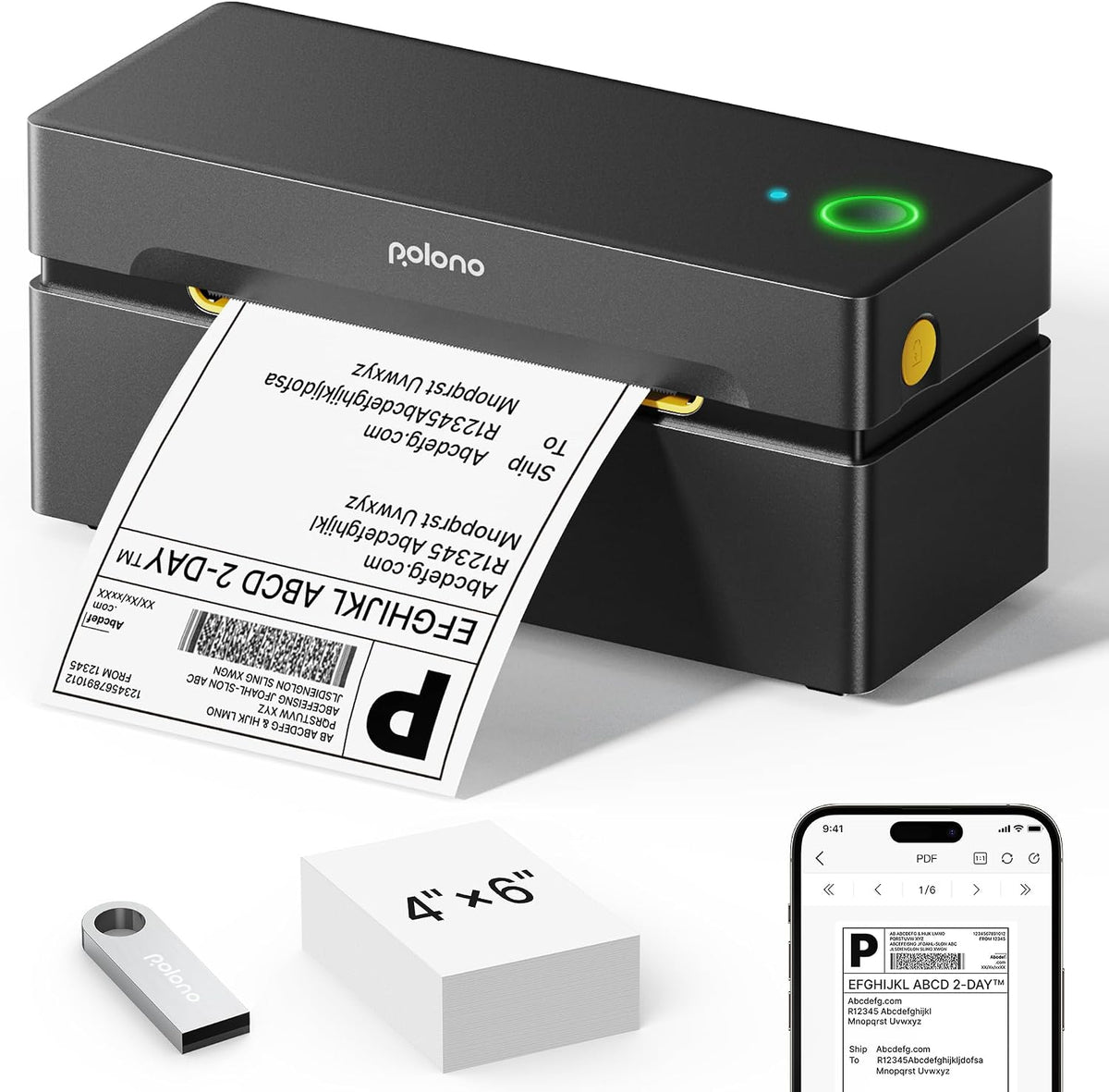POLONO Bluetooth Thermal Shipping Label Printer, Wireless 4x6 Shipping Label Printer for Small Business, Support iOS, Android, Windows and Mac, Compatible with Amazon, Ebay, Shopify, Etsy, USPS(Black) MegaBDM
