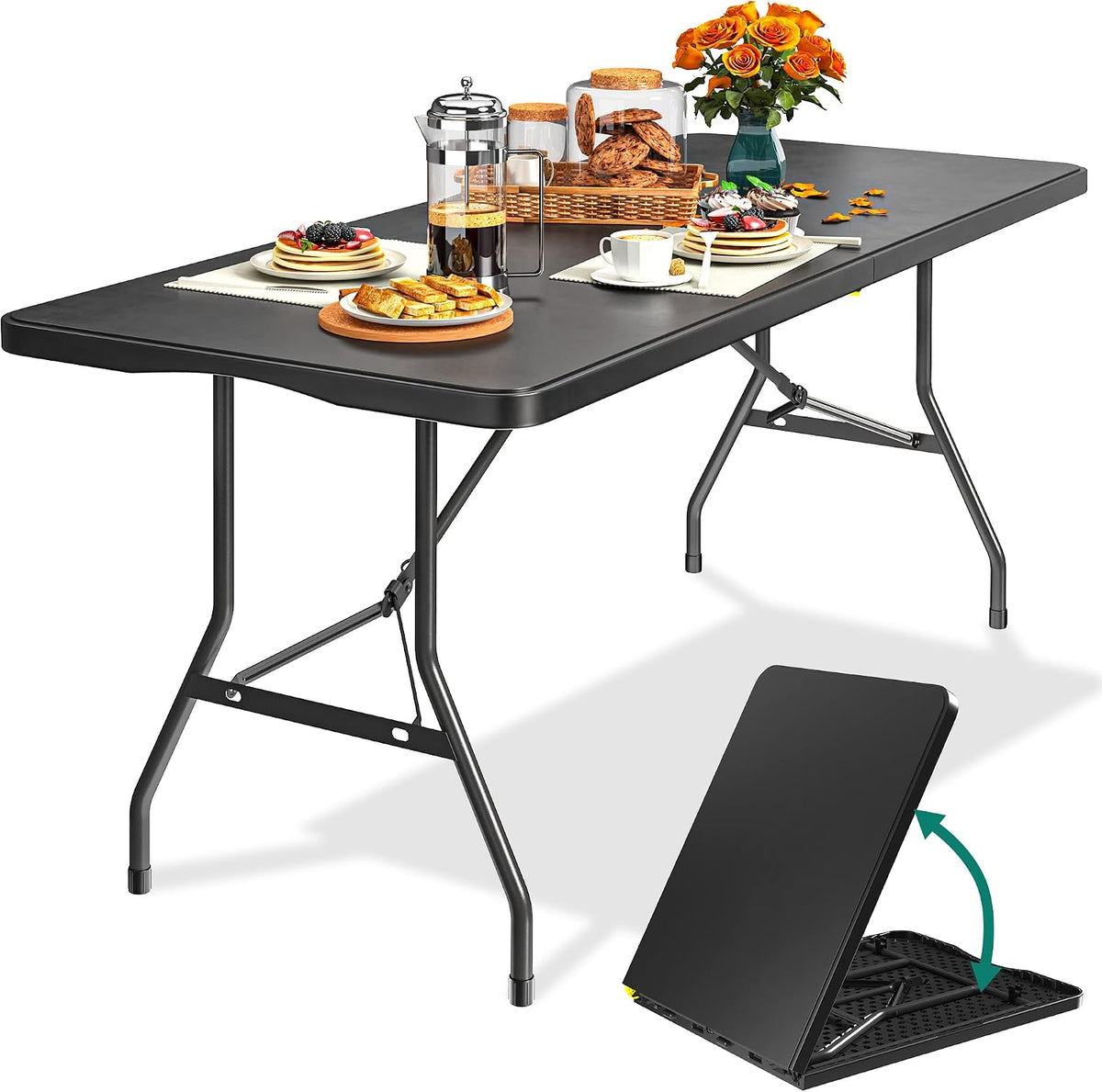 YITAHOME 6ft Folding Camping Table with Handle - Heavy Duty Waterproof Picnic & Foldaway Pasting Option, Portable Trestle Table for Outdoor Party Beach, 180 x 75 x 74cm, Black MegaBDM