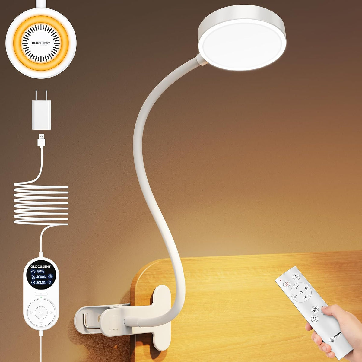 Glocusent 72 LEDs Clip on Light, 3 Colors & 5 Brightness, UK Adapter&Remote | Flexible Desk Lamp with Amber Night Light, Eye Caring Clip on Lamp, 30/60-Min Timer, for Bedside Reading, Studying, Working MegaBDM