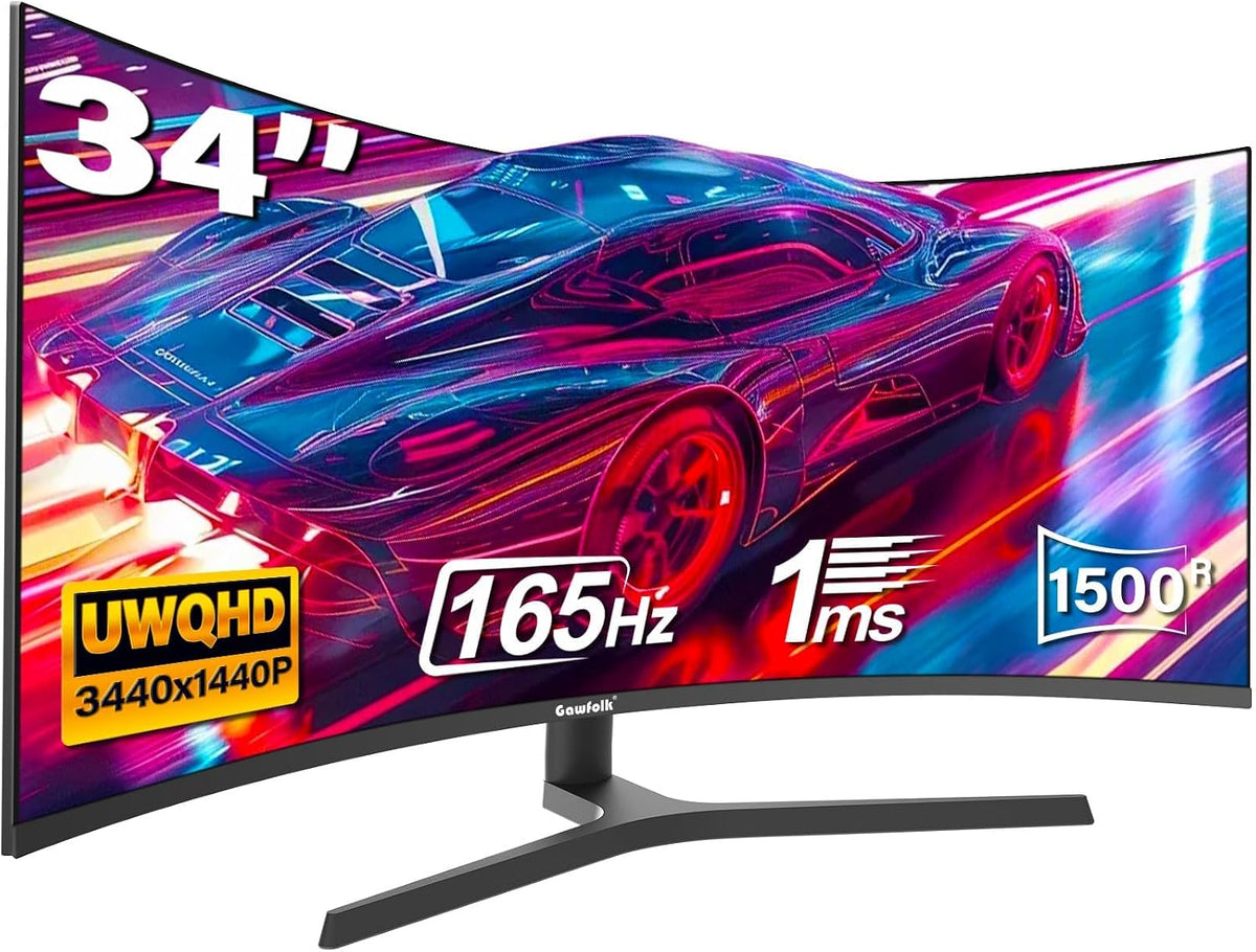 Gawfolk 34 Inch Ultrawide Curved Gaming Monitor, 1500R PC Screen UWQHD 3440x1440, 165hz Computer Screen with FreeSync, Multi-Directional Adjustable Base,Support HDMI 2.0, DP 1.4, Wallmount 75x75mm MegaBDM