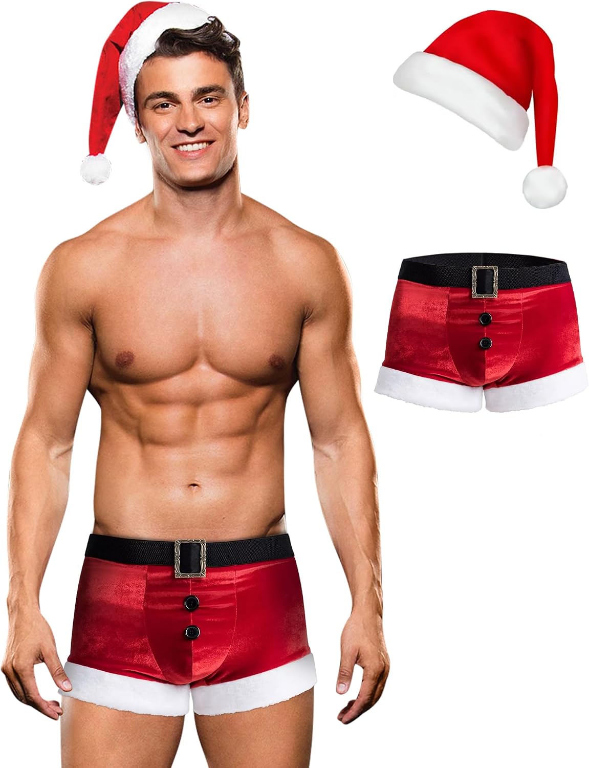 RSLOVE Men's Christmas Boxers Santa Trunks Underwear Mens Pyjamas Shorts with Santa Hat MegaBDM