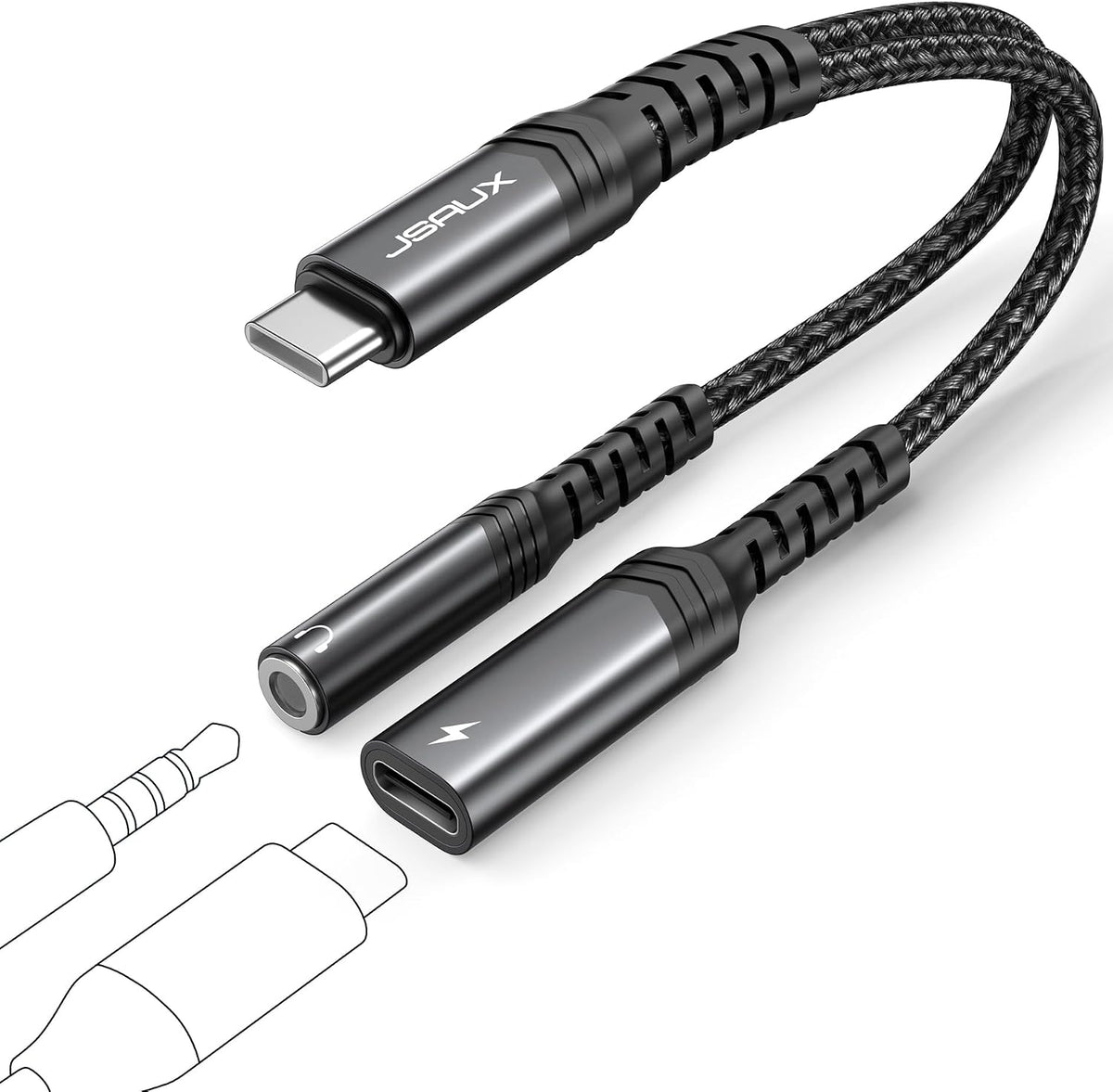 JSAUX USB C to 3.5mm Jack and Charger Adapter, 2-in-1 USB C to Aux Audio Jack Adapter with PD 60W Fast Charging Compatible with iPhone 15 Pro Max, Samsung Galaxy S23/S22 Ultra, Pixel 7/6, iPad-Black MegaBDM
