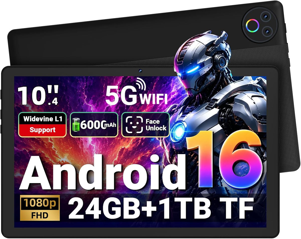 Gleeso Tablet｜Android 16 Tablet 10 Inch｜24GB RAM 1TB TF Android Tablets with 6000mAh｜Face Unlock｜Widevine L1｜BT 5.4/5G WiFi｜8MP Dual Camera, OTG Tablet PC - Black MegaBDM