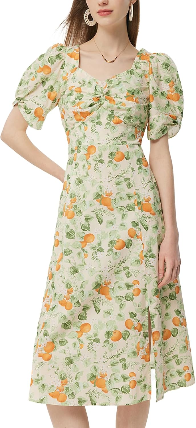 GOELIA Womens Summer Boho Floral Printed Dresses Short Sleeve Cotton Twist Front Side Slit Midi Ladies Dresses UK MegaBDM