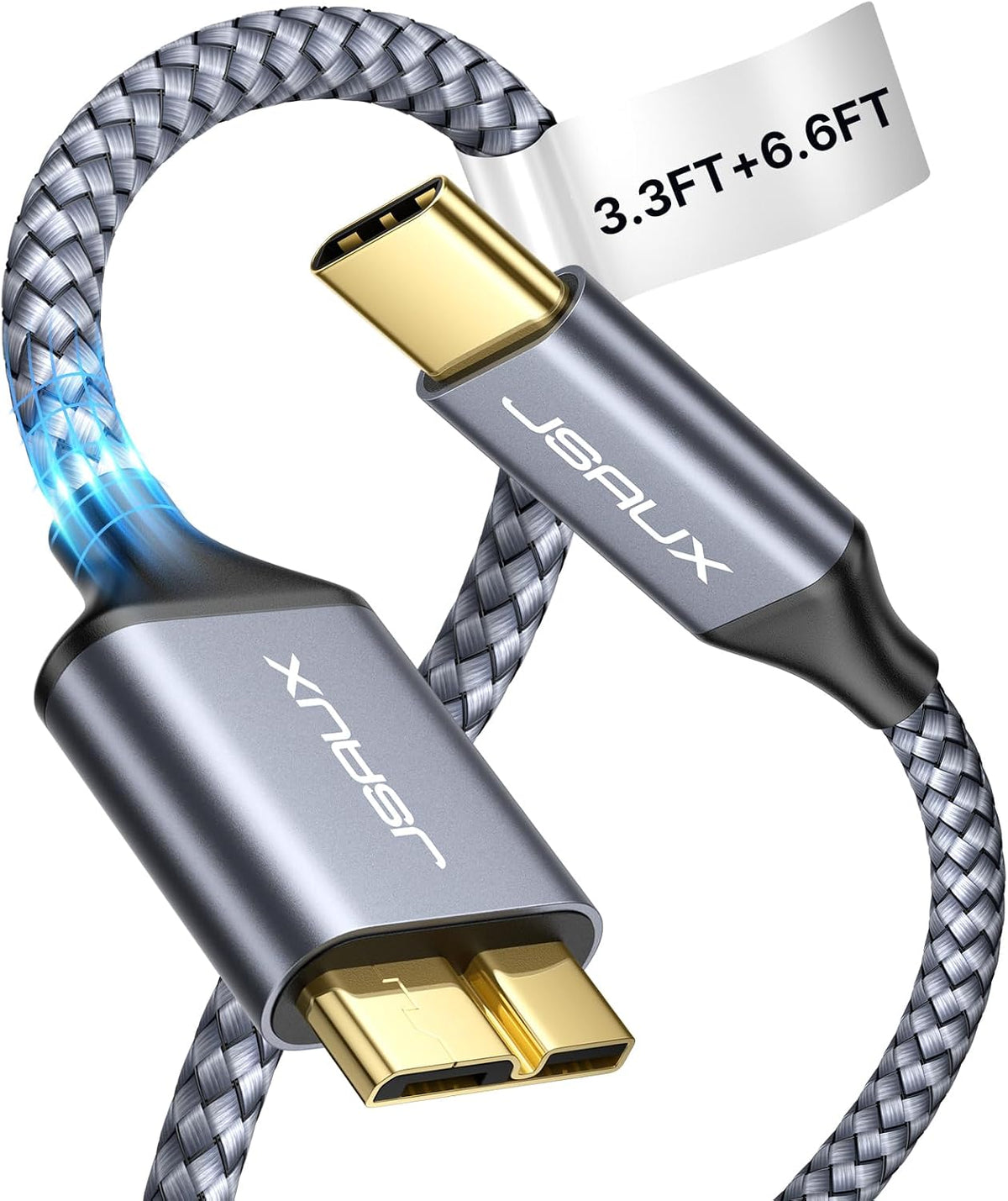 JSAUX USB C to Micro B Cable, 2 Pack (3.3ft+6.6ft) Type C to Micro B Hard Drive Cable Nylon Braided Cord Compatible with Toshiba/Seagate/WD External Hard Drive, Macbook pro and Galaxy S8/S9/S10, Grey MegaBDM
