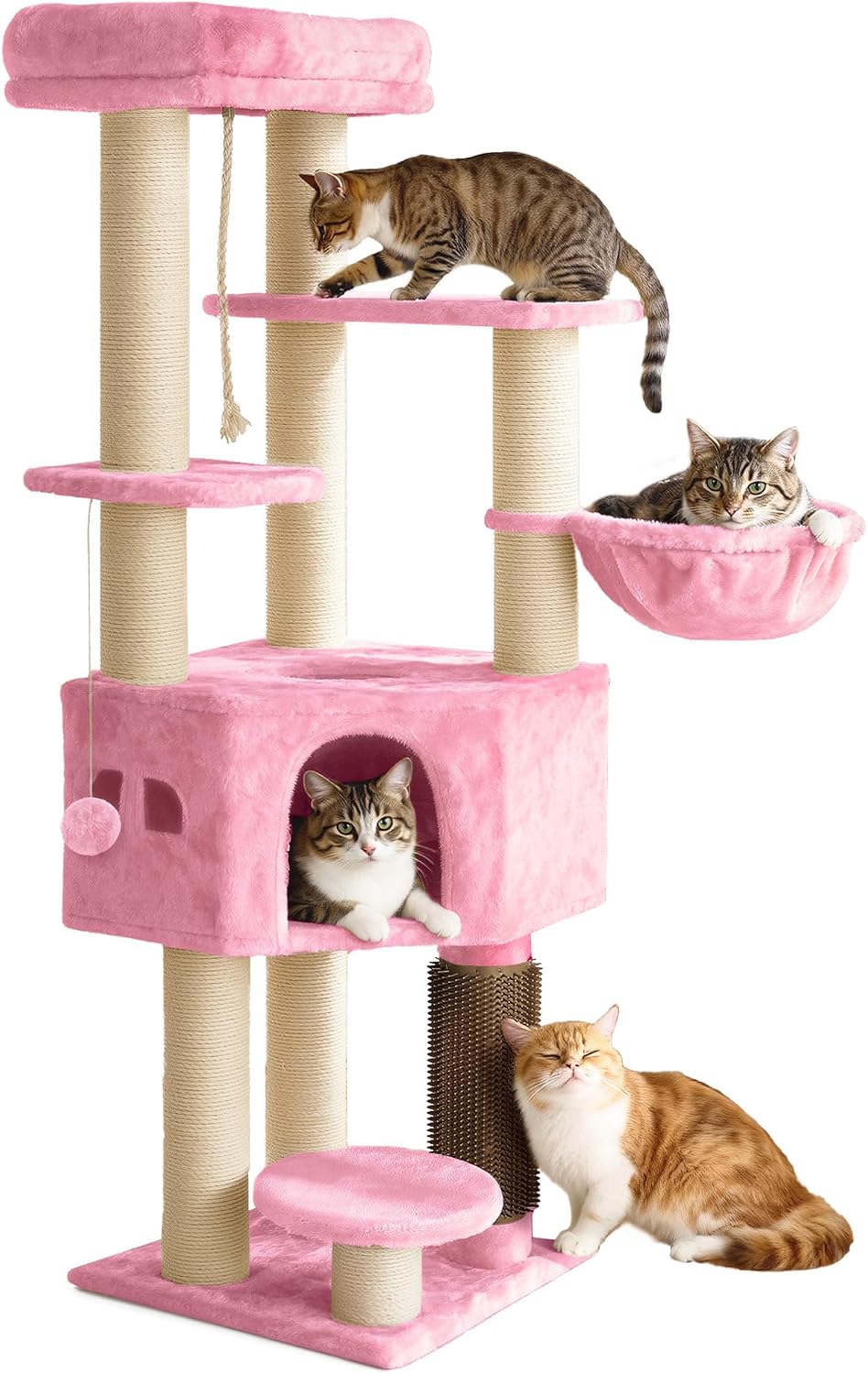 YITAHOME Large Cats Tree Tower, Cat Scratching Post, Cat Brushes, 11 cm Thick Posts, Large Platforms, Plush Cushion, Cave, 50 x 50 x 159 cm, Pink MegaBDM
