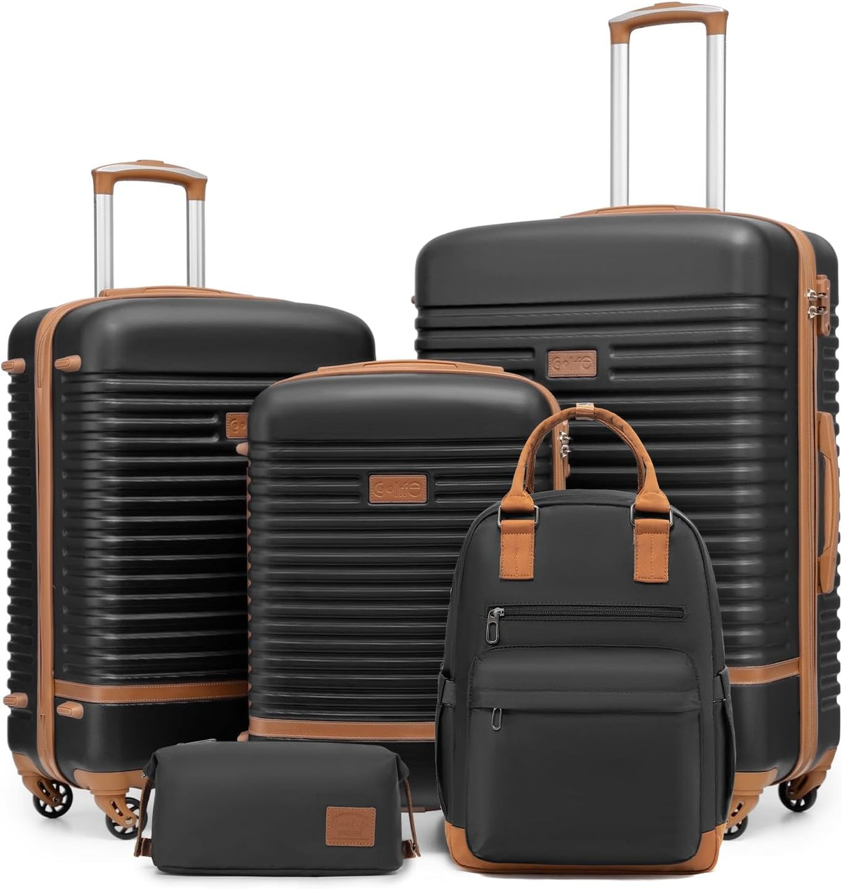 COOLIFE Suitcase Set, 5 Piece Luggage Sets with Travel Backpack and Toiletry Bag for Family Travel, TSA Lock 360° Spinner Wheels (Black/Brown, 5 Piece Set) MegaBDM
