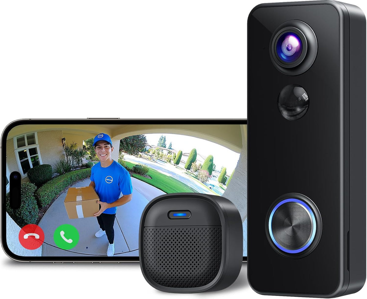 XTU Video Doorbell Camera Wireless, 2K HD Smart Door bell Camera Head-to-Toe View, Battery Operated, PIR Motion Detection, Night Vision, 2-Way Audio, SD Card & Cloud Storage, Works with Alexa MegaBDM