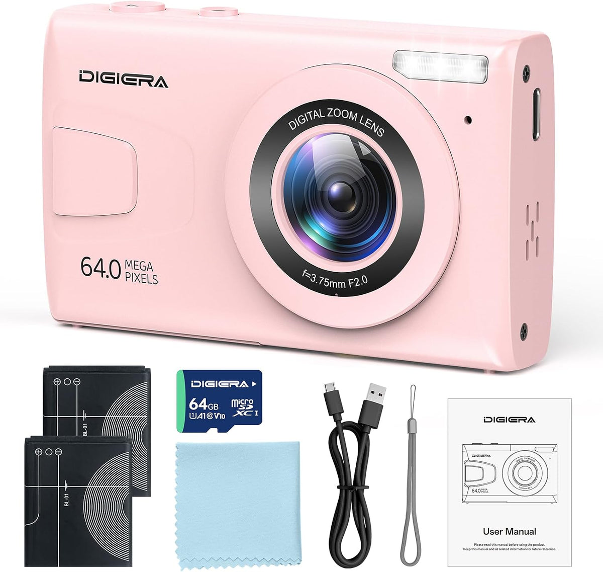 DIGIERA 4K Digital Camera, 64MP UHD Compact Portable Photo Camera for Boys and Girls, 18X Zoom 2.4 Inch IPS LCD Screen Vlogging Camera for Teens Students Beginners with 64GB SD Card, Anti-Shake,Pink MegaBDM