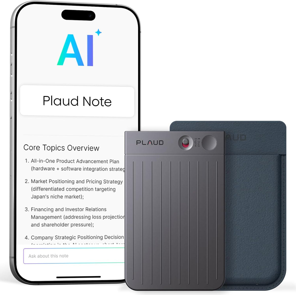 Plaud Note AI Voice Recorder Transcription & Summaries for Meetings Calls | AI Note Taker for Lectures, Meetings, Calls and Teams, 64GB Storage, Supports 112 Languages, Black Note & Dark Blue Case MegaBDM