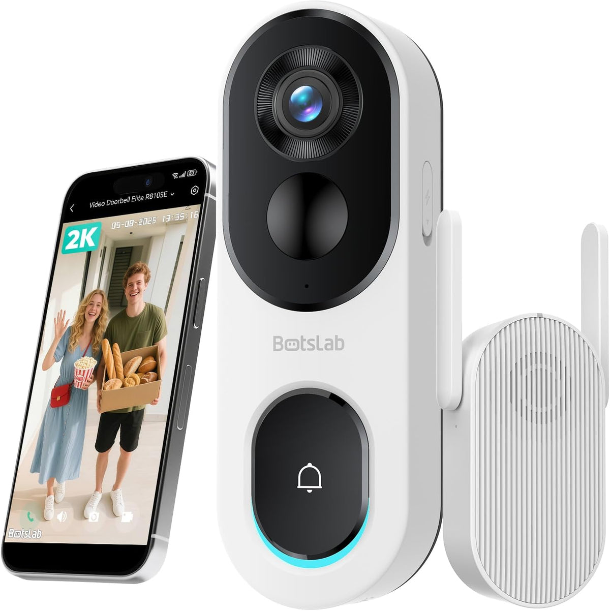 BOTSLAB 2K Video Doorbell Camera Wireless, No Subscription, Head-to-Toe View, 5200mAh Battery Capacity, AI Detection, 2.4GHz WiFi, IP66 Waterproof, WiFi Base Station, Two Way Audio MegaBDM