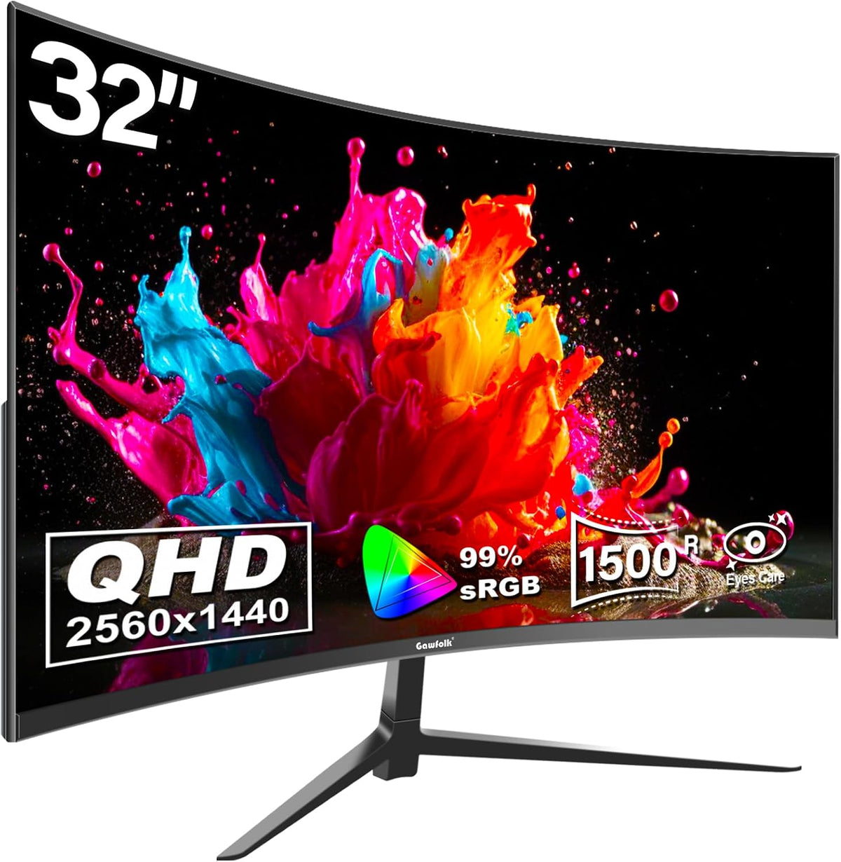 Gawfolk 2K Curved Monitor, 32 Inch QHD 2560x1440p 75Hz, Flicker-Free, HDMI 2.0, DP 1.4, Frameless 1500R Screen PC Monitor MegaBDM