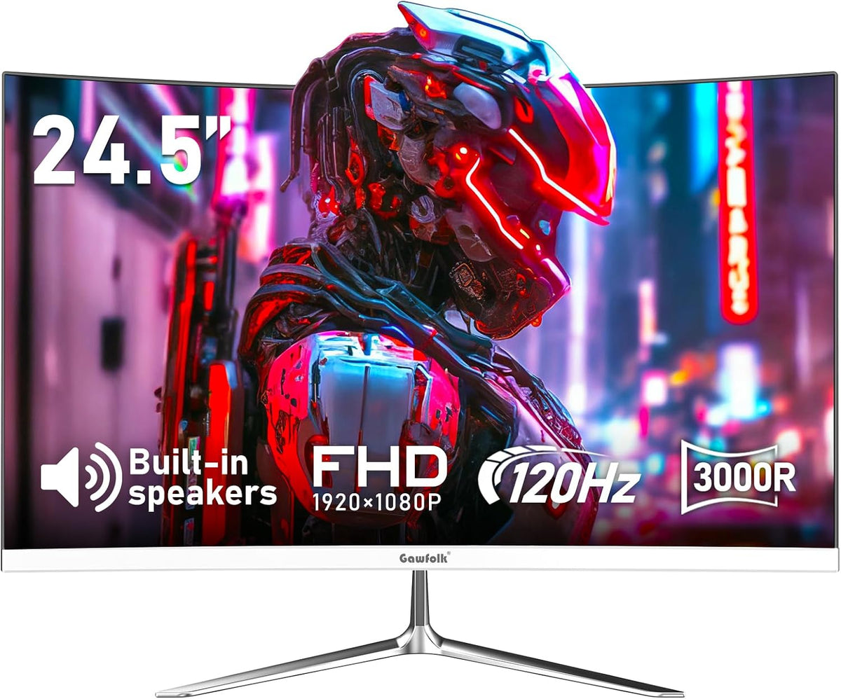 24.5 Inch Curved Gaming Monitor, Built-in Speakers, 120Hz, 1920x1080P Full HD, 98% sRGB, 3000R Curvature, HDMI & VGA Ports, White PC Monitor MegaBDM