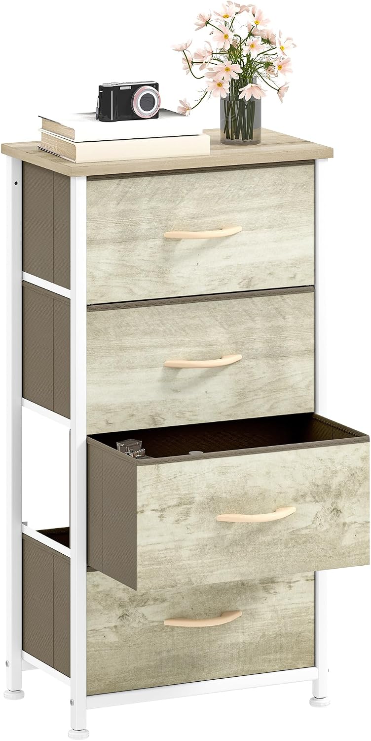 DWVO Chest of Drawers, Fabric Chest of Drawers, Bedroom Cabinet with 4 Drawers,Dresser for Bedroom,Living Room With Handles,Wood Top and Sturdy Steel Frame, Light Wood Color MegaBDM