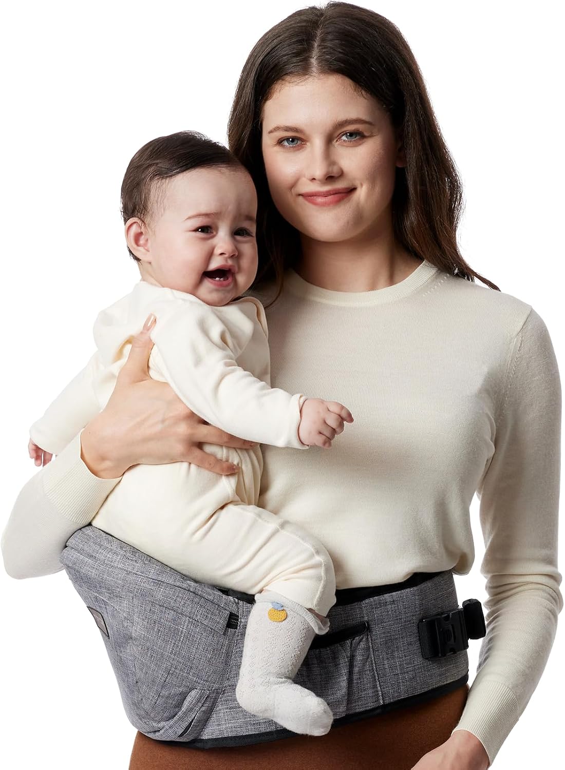 Momcozy CPC-Certified Baby Hip Carrier - Adjustable Waistband with Original 3D Belly Protector, Ergonomic Carrier with Various Pockets for Newborns & Toddlers up to 45lbs (Grey, Medium) MegaBDM