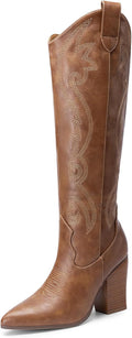 DREAM PAIRS Womens Cowboy Boots, Cowgirl Western Pull On Zipper Chunky Heel Pointed Toe Embroidered Knee High Boots MegaBDM
