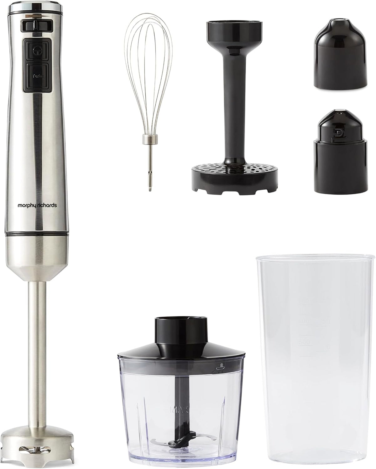 Morphy Richards Stainless Steel Hand Blender Set with Masher, Variable Speeds, Turbo Mode, DC Motor, Lightweight, Mashing/Chopping/Whisking/Juicing & Blending, Accessories Included, 1000W, 402020 MegaBDM