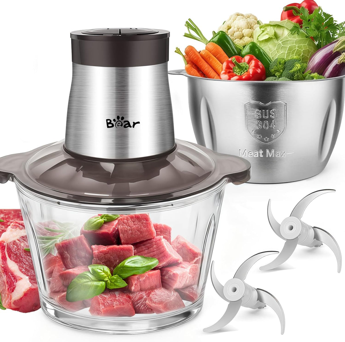 Bear 2L+1.8L 600W Electric Food Processors & Chopper with Glass Container and 304 Stainless Steel Container, 2 Speed Settings, 4 Stainless Steel Blades for Chopping Meat, Baby Food, Fruit, Vegetable MegaBDM