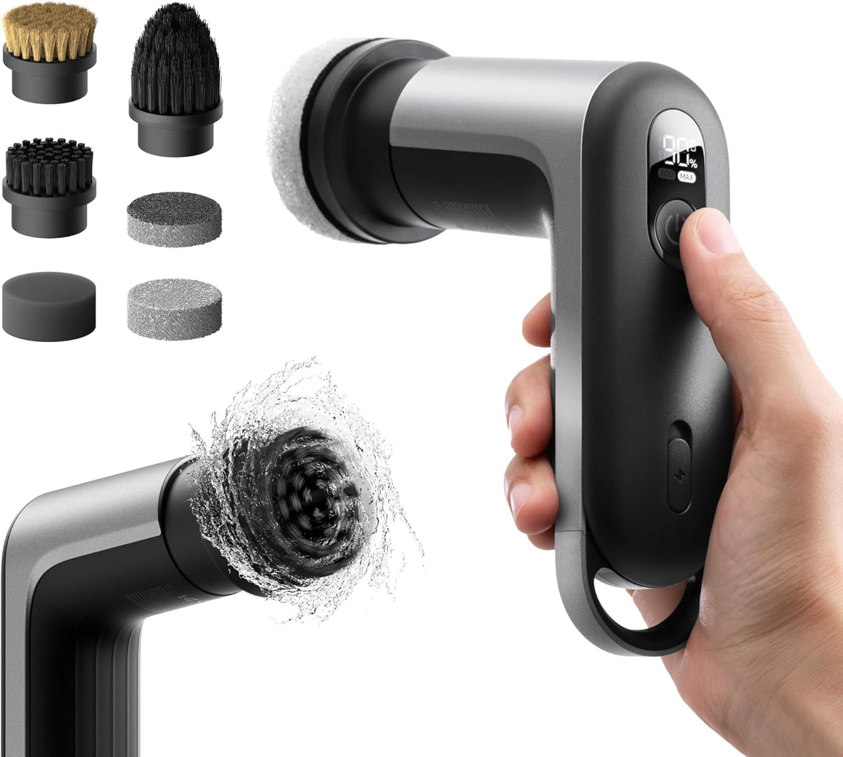 HOTO Grip™ Cordless Electric Spin Scrubber, IPX7 Waterproof, Lightweight at 0.65 lb with 6 Brush Heads, Powerful Kitchen Cleaning Tool, for Sink, Grill Pan, Countertop, Stovetop, Tile, Cookware MegaBDM