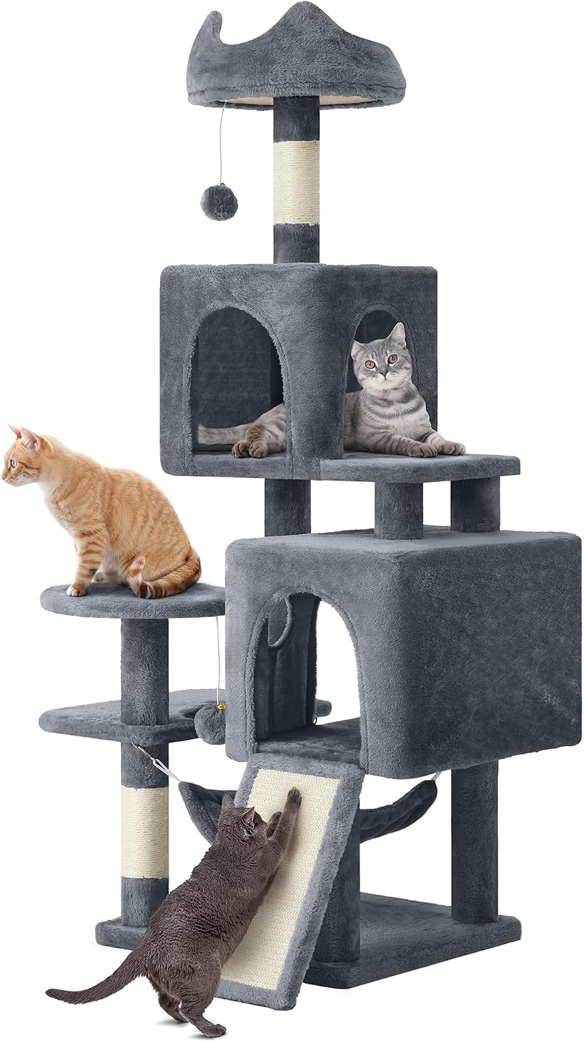 YITAHOME Large Cats Tree, 137 cm Tall, XL Tree, with 2 Sisal Posts, 1 Scratching Post, 1 Platform, 2 Caves, Hammock, Plush Balls, Scratching Board, Climbing Tree for Cats, Dark grey MegaBDM