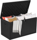 DWVO 567.8L Resin Outdoor Storage Box, Double-Wall Waterproof Deck Box with Wood Texture, Lockable Garden Storage that Doubles as Table or Bench (1000 lbs Capacity)–Black MegaBDM