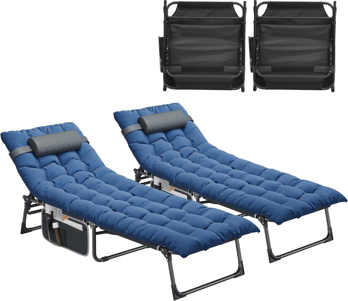 YITAHOME Reclining Sun Lounger Set of 2 with Cushion 190x68x31cm Folding Sun Bed 5 Position Adjustable, Sunloungers with Headrest & Side Pocket Load capacity 300lbs for Garden, Beach, Camping, Blue MegaBDM