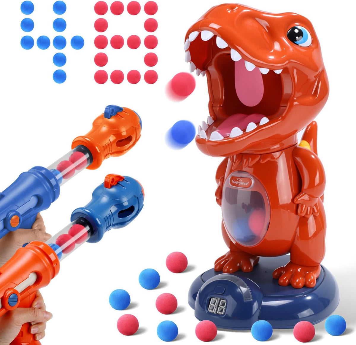 EagleStone Dinosaur Shooting Game for Kids 3-9, Movable Electronic Target Toy with 2 Air Pump Guns, 48 Foam Balls, LED Score Display, Sound Effects, Indoor Outdoor Party Gift for Boys Girls MegaBDM