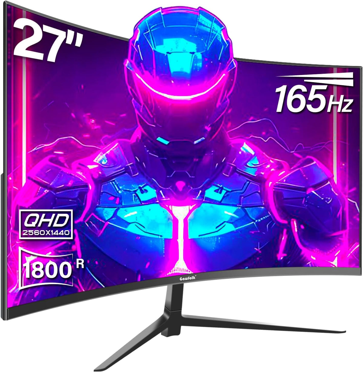 Gawfolk 2K 27 Inch Gaming Monitor, 165Hz QHD 2560x1440p 144Hz with AMD FreeSync, Flicker-Free, 2X HDMI 2.0, DP 1.4, Ultra-Thin Frameless Curved Screen PC Monitor MegaBDM