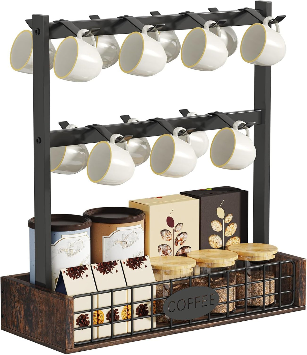 YITAHOME Countertop Mug Holder with 7 Hooks and Storage Base, Metal Mug Stand with Guardrail Shelf, Black Cup Organizer for Kitchen, Dining Room, and Coffee Bar MegaBDM