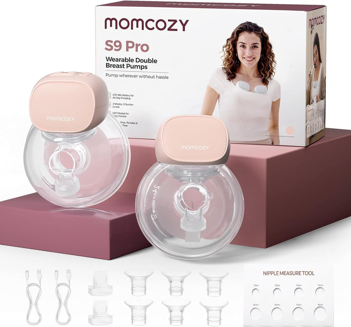 Momcozy S9 Pro Hands-Free Wearable Breast Pump, 2 Modes 9 Levels, Long Battery Life & LED Display, 24mm Portable Breastfeeding Pump, Pink, 2 Count MegaBDM