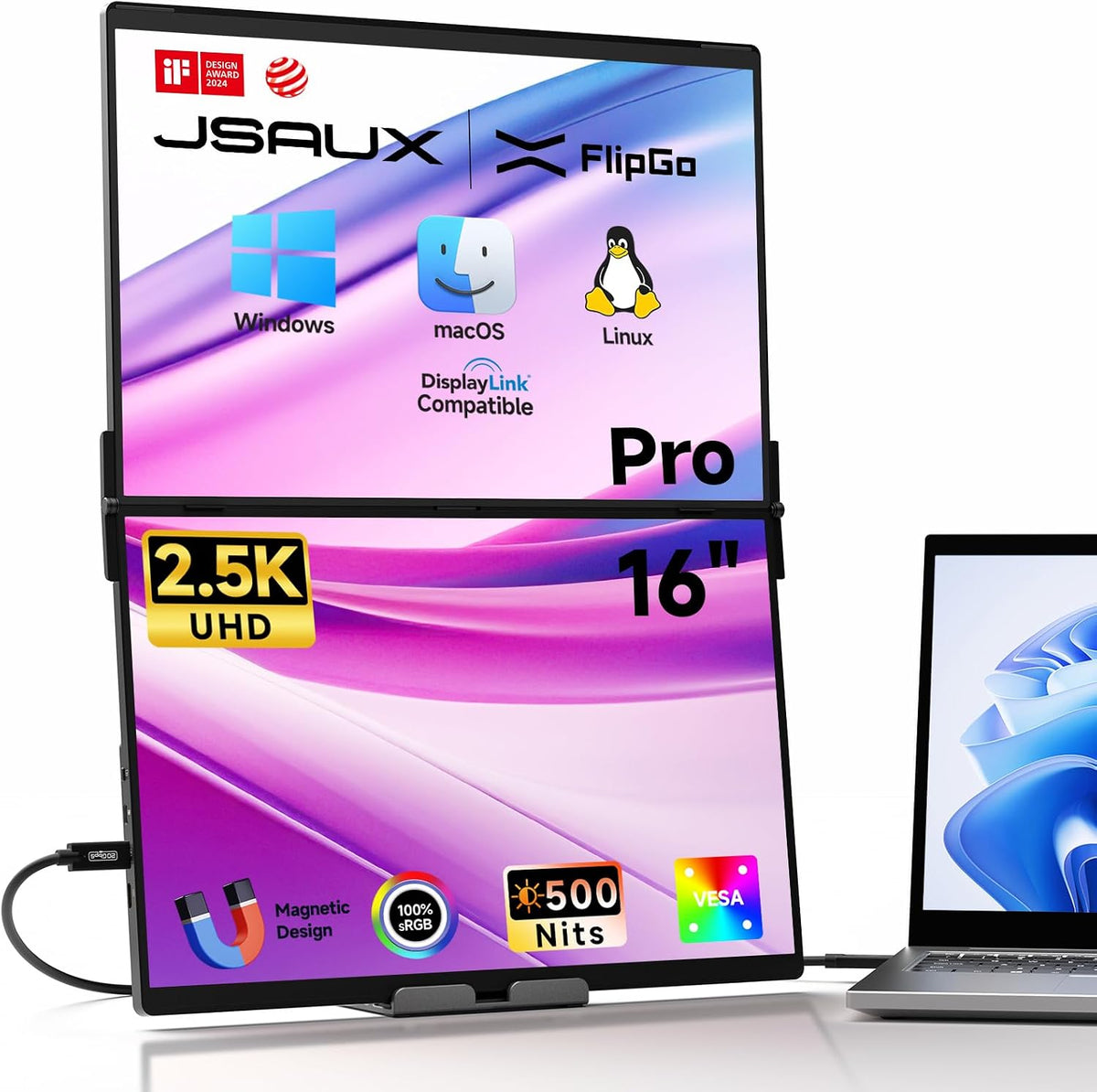 JSAUX FlipGo Pro 16" Dual Portable Monitors, 2.5K Triple Laptop Screen Extender, Portable IPS Dual-Screen Monitor for Laptop[Windows/Linux/MacOS] Magnetic Design/DisplayLink/One Cable to Dual/HiDPI MegaBDM