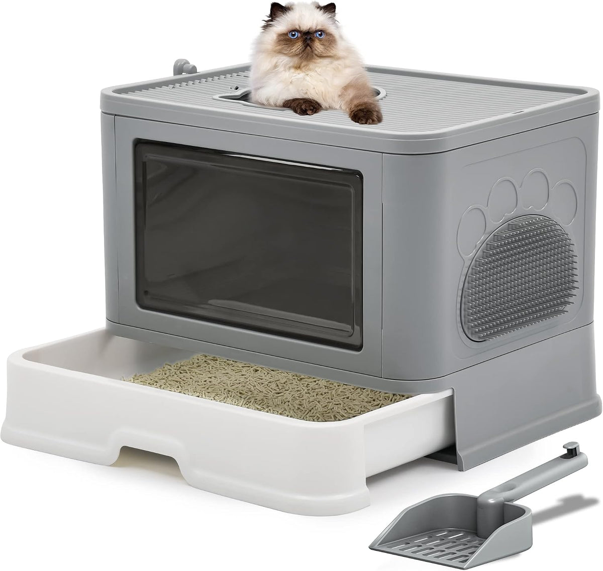 YITAHOME Cat Litter Box Tray Large Enclosed Cat Toilet with Lid, Hooded Tray with Drawer Pan, Litter Scoop, Self Groomer, Deodorizer Filter, Front Entry Top Exit (Grey) MegaBDM