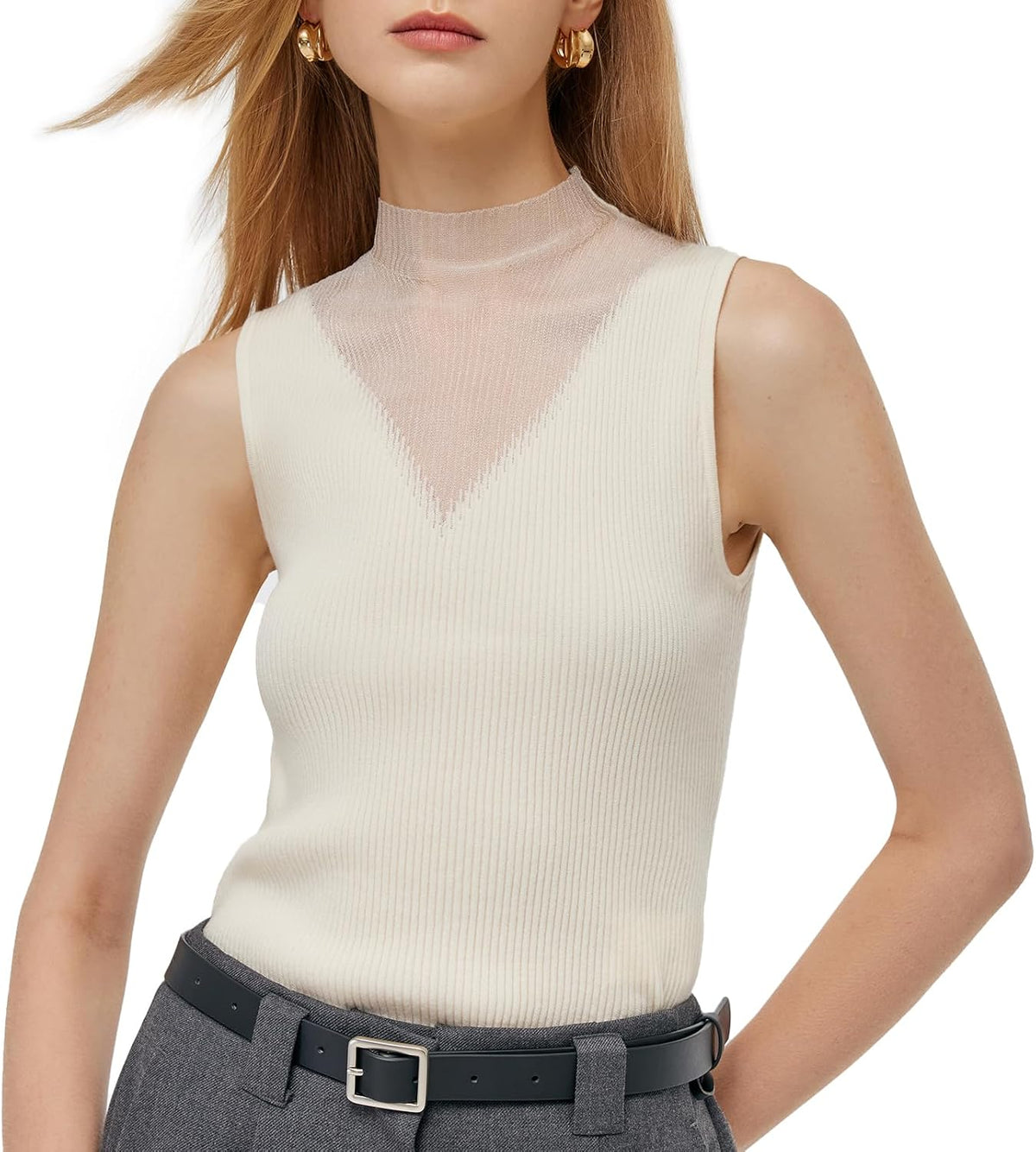 GOELIA Sleeveless Sweater Tops for Women Trendy Patchwork Mock Neck Sleeveless Tank Tops Dressy Casual Knit Top Shirts MegaBDM