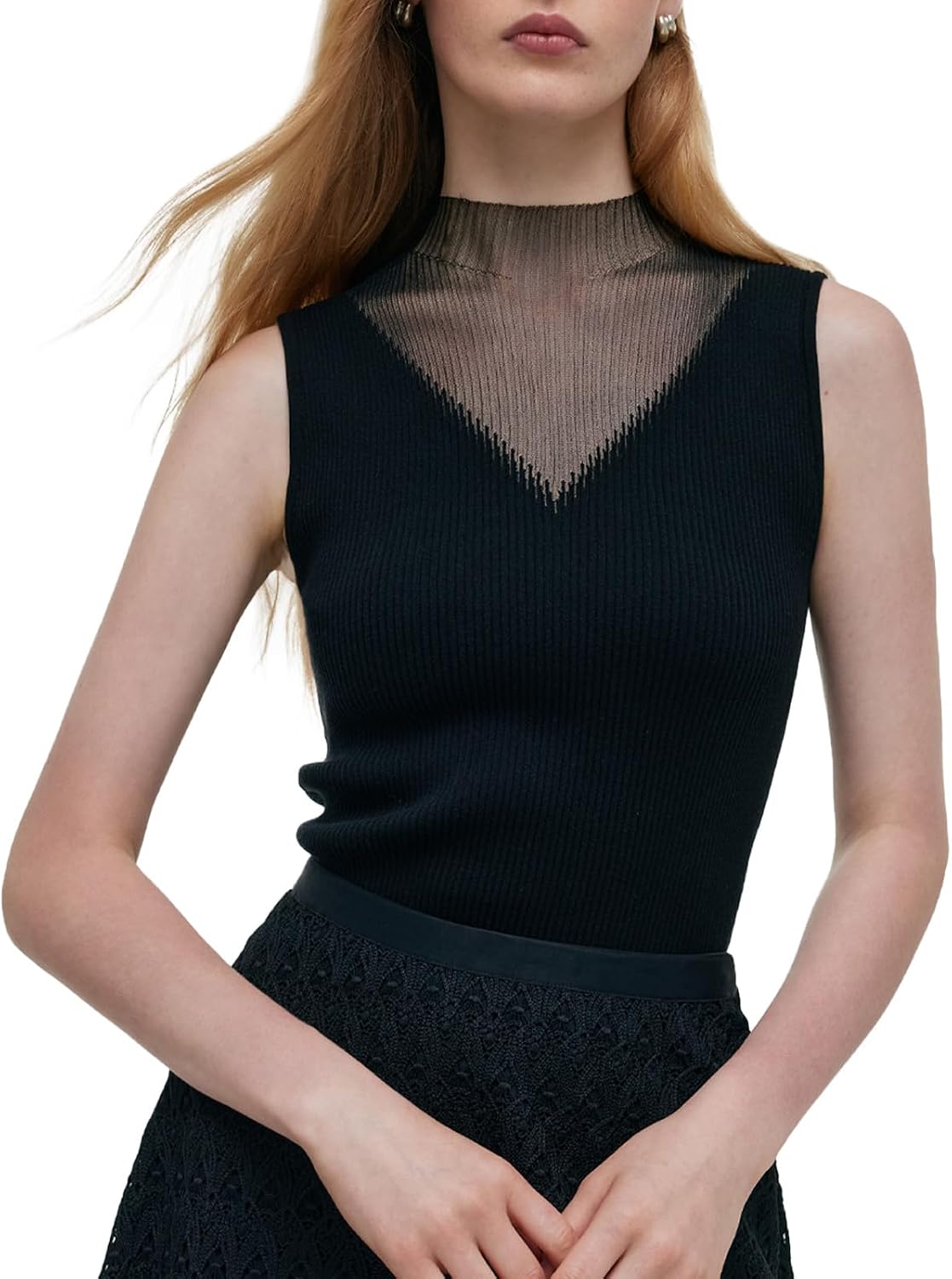 GOELIA Sleeveless Sweater Tops for Women Trendy Patchwork Mock Neck Sleeveless Tank Tops Dressy Casual Knit Top Shirts MegaBDM