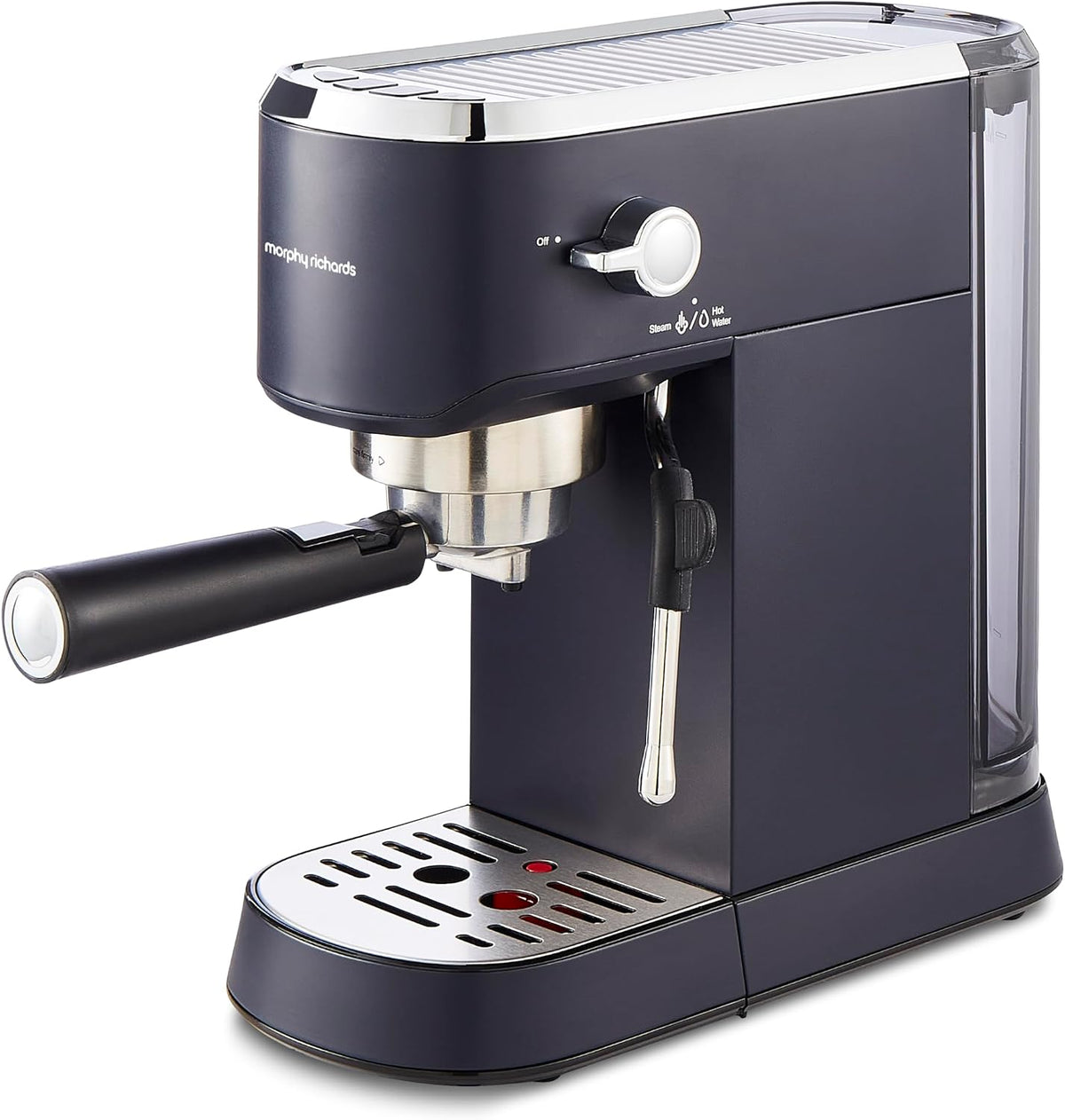 Morphy Richards Compact Espresso Maker, Ground Coffee, Dual Cup, Illuminated Buttons, 1L Water tank, Steam Control, Milk Frother Wand, includes Tamper, Spoon, Stainless Steel, Blue, 172025 MegaBDM