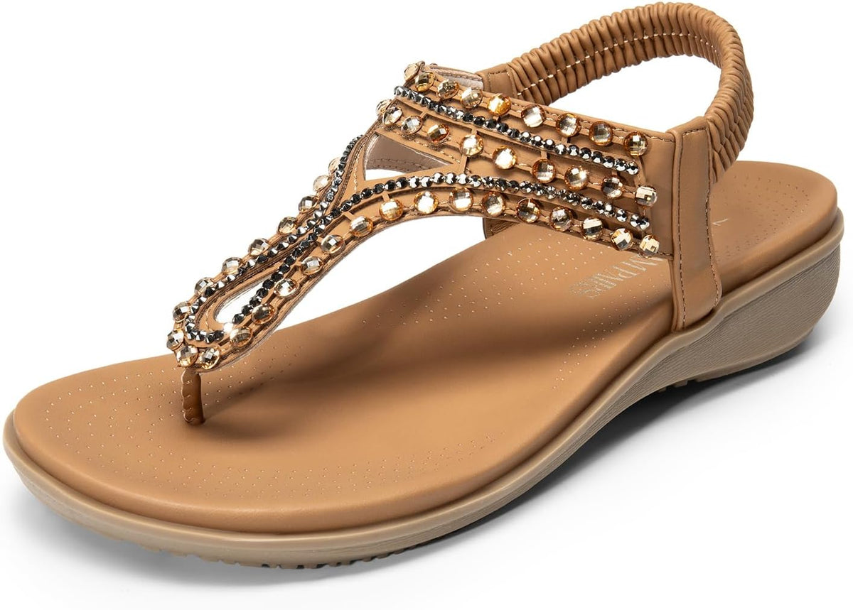 DREAM PAIRS Women's Comfortable Dressy Flat Sandals Rhinestone Elastic T-Strap Thong Sandals for Summer Beach MegaBDM