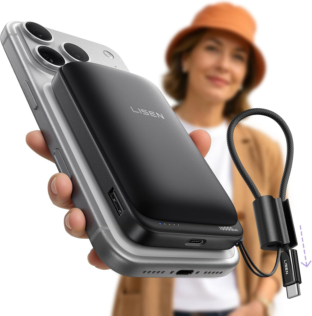 LISEN Qi2.2 Power Bank for MagSafe, 10000mAh Magnetic Wireless Portable Charger Wireless USB-C Fast Charging, Detachable Cable, Compact Battery Pack for iPhone 17/16/15 MegaBDM