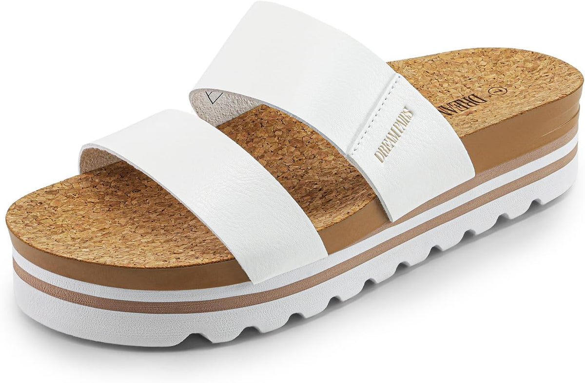 DREAM PAIRS Women's Platform Slides Sandals with Arch Support, Comfortable Beach Slip-on Flat Sandals, Casual 2-Strap Cork Cushion Wedges for Women MegaBDM