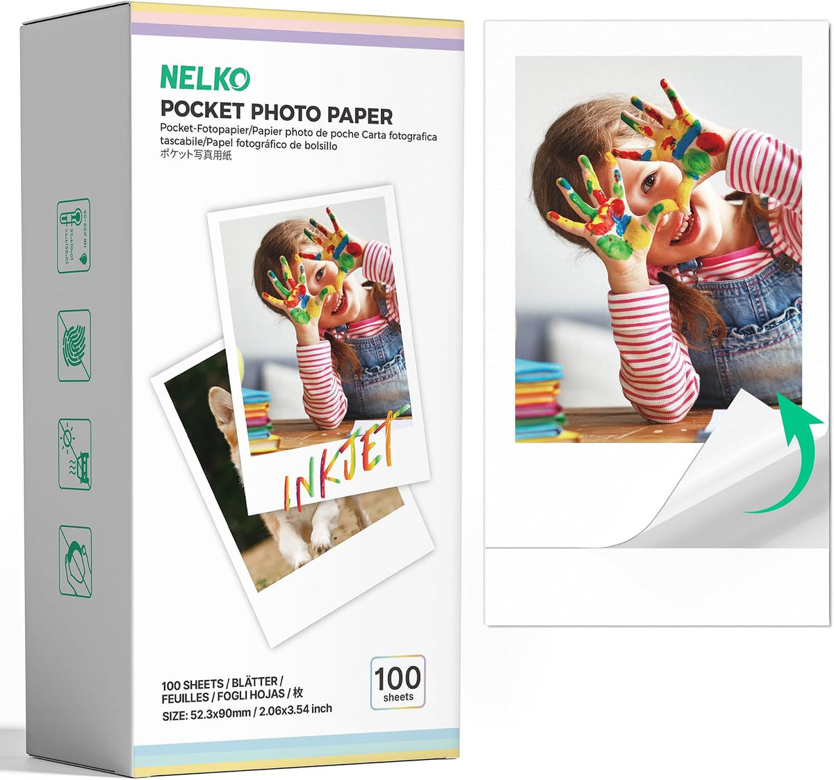 Nelko 52.3x90mm Premium Photo Paper, 100-Pack Genuine PP01 Pocket Printer Paper, Sticky Back Picture Paper, Compatible with Nelko PP01 Photo Printer, Easy to Peel Off, White MegaBDM