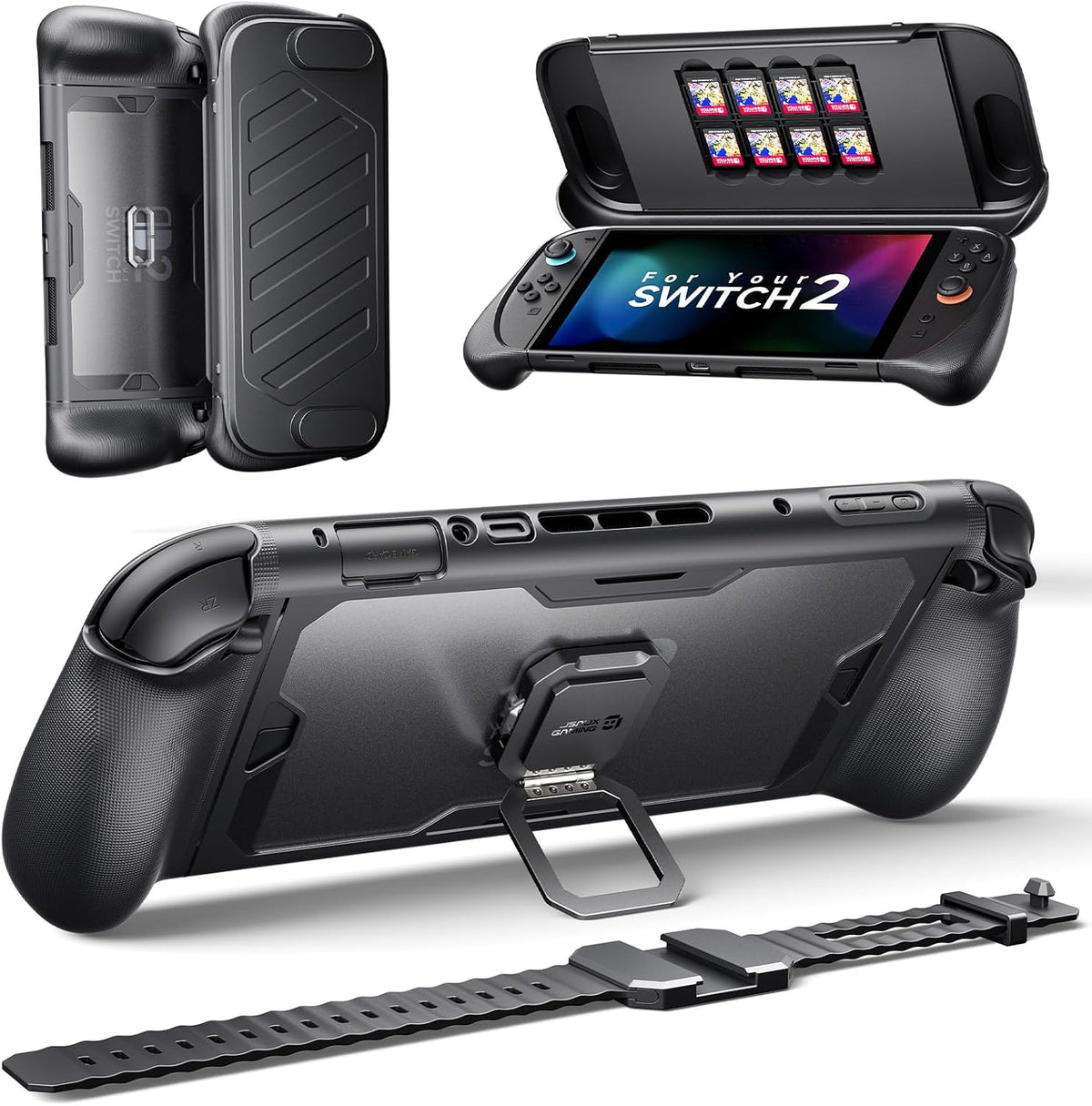 JSAUX PC0121 Protective Case for Nintendo Switch 2, 360° Full-Body Shockproof ModCase with Back Shell, Front Cover, Metal Kickstand & Silicone Strap, Ergonomic Anti-Slip Grip - Basic Set MegaBDM