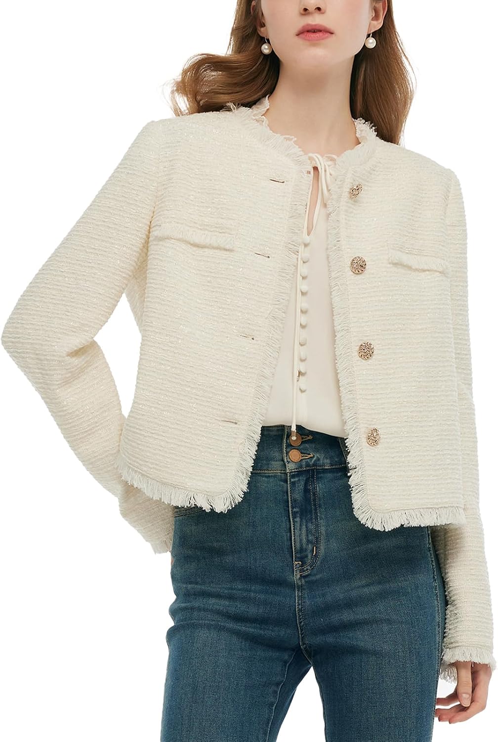 GOELIA Wool Blend Tweed Blazers for Women Business Casual Knit Blazer Cropped Jacket for Women MegaBDM