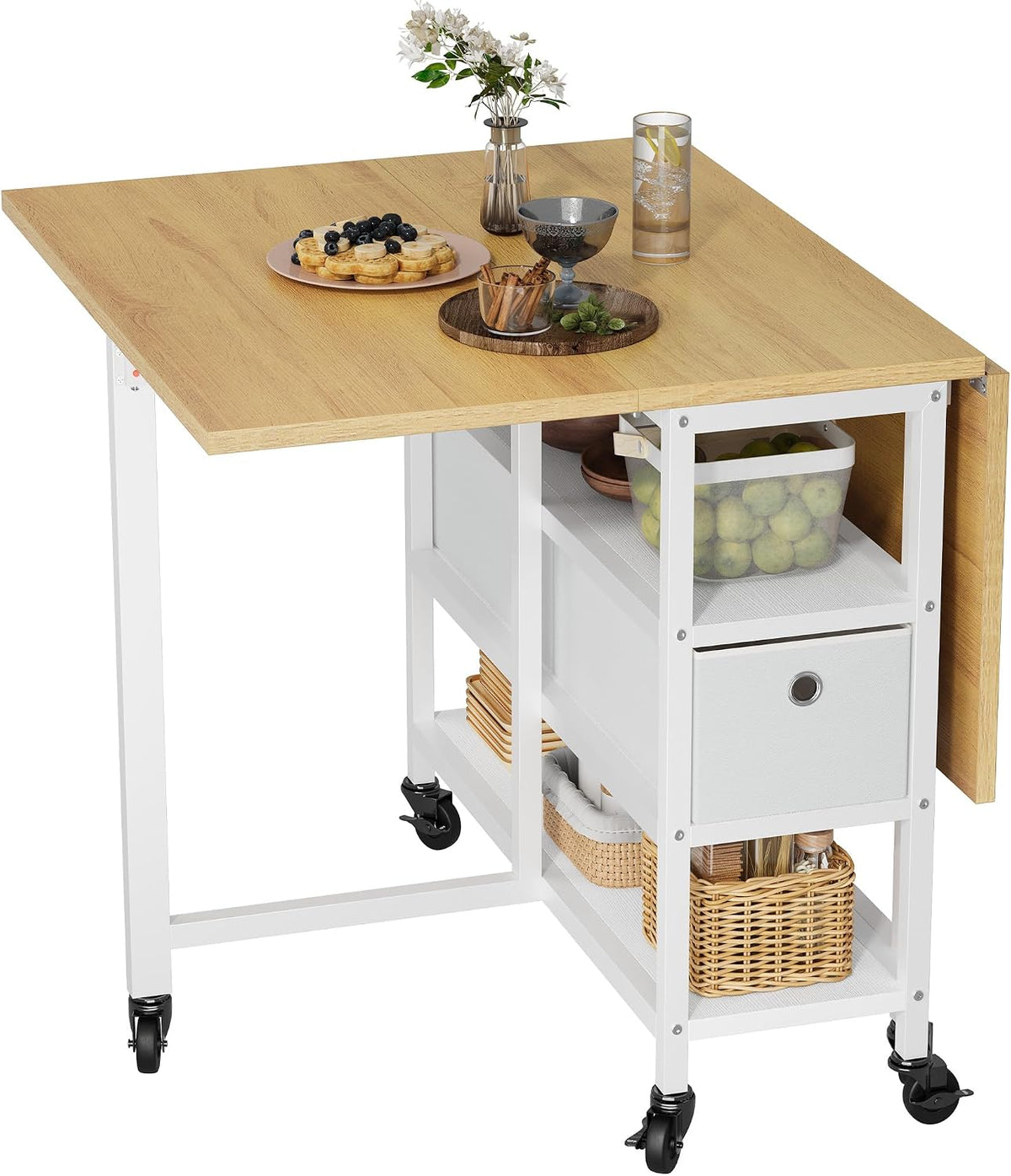 YITAHOME Folding Dining Table, Mobile Drop Leaf Table with 6 Wheels & Storage Drawers for Small Spaces, Kitchen, Dining Room, Yellow Oak and White MegaBDM