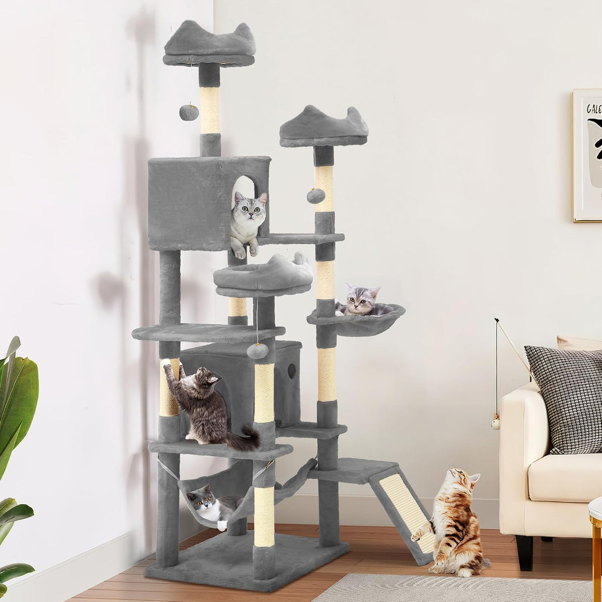 YITAHOME Tall Cat Tree for Indoor Cats, 190CM Multi-Level Cat Tower with Sisal Scratching Posts & Ramp, Plush Perches, Hammock, Spacious Condos, Cat Activity Center for Kittens, Grey MegaBDM