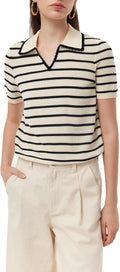 Womens Summer Short Sleeve Tops V Neck Ribbed Knit Polo Shirts Casual Lightweight Tencel Blend Stripe Pullover Top MegaBDM