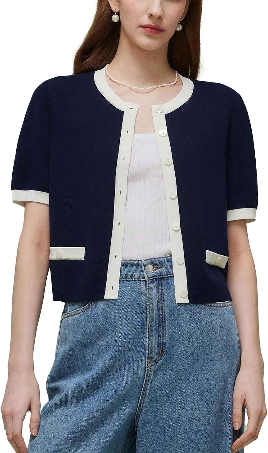 Womens Casual Summer Short Sleeve Cardigans Lyocell Blend Contrast Trim Button Down Knitted Lightweight Cardigan Sweater Tops MegaBDM